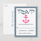 RSVP Nautisch Roze Anker Navy Blue Stripe Wedding Uitnodiging Briefkaart (Voorkant / Achterkant)