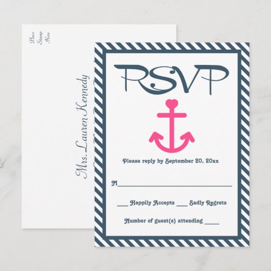 RSVP Nautisch Roze Anker Navy Blue Stripe Wedding Uitnodiging Briefkaart (Voorkant / Achterkant)