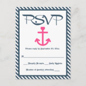 RSVP Nautisch Roze Anker Navy Blue Stripe Wedding Uitnodiging Briefkaart (Voorkant)