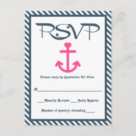 RSVP Nautisch Roze Anker Navy Blue Stripe Wedding Uitnodiging Briefkaart