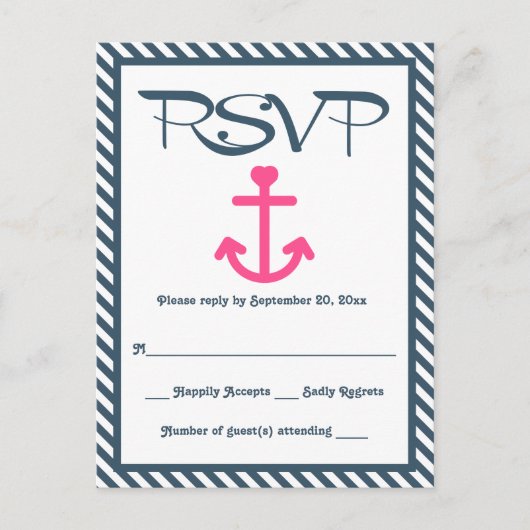 RSVP Nautisch Roze Anker Navy Blue Stripe Wedding Uitnodiging Briefkaart (Voorkant)