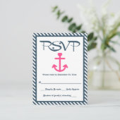 RSVP Nautisch Roze Anker Navy Blue Stripe Wedding Uitnodiging Briefkaart (Staand voorkant)