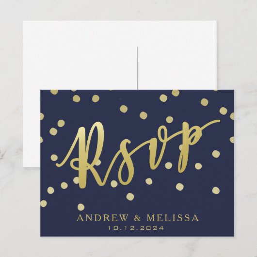 RSVP | Navy Blue & Faux Gold Script Briefkaart (Voorkant / Achterkant)