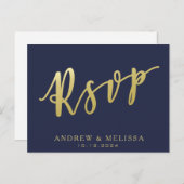 RSVP | Navy Blue & Faux Gold Script Briefkaart (Voorkant / Achterkant)