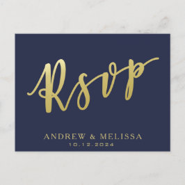RSVP | Navy Blue & Faux Gold Script Briefkaart