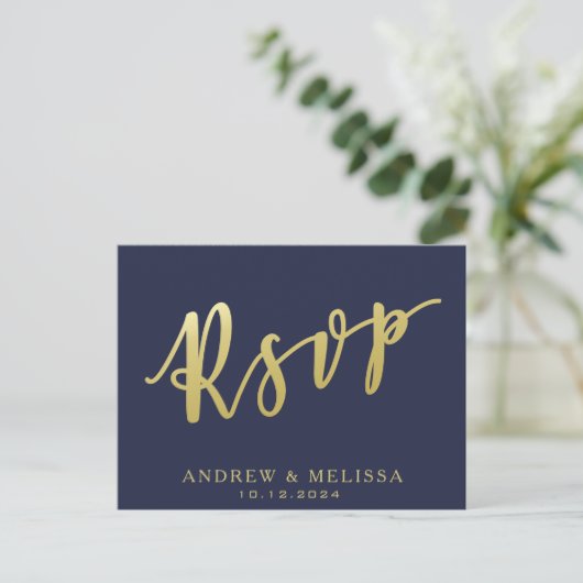 RSVP | Navy Blue & Faux Gold Script Briefkaart (Staand voorkant)
