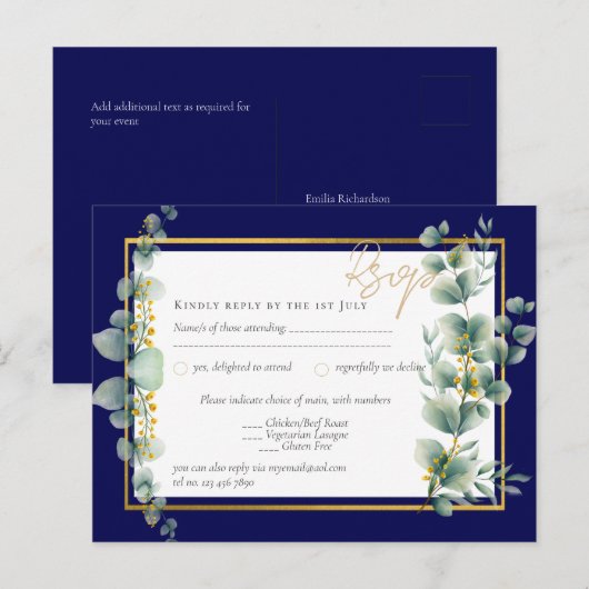 RSVP NAVY BLUE GOLD Greenery Eucalyptus Weddenscha Briefkaart (Voorkant / Achterkant)