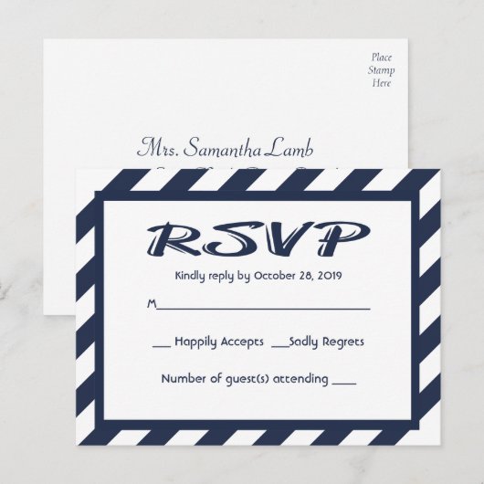 RSVP Navy Blue & White Stripe Nautisch Briefkaart (Voorkant / Achterkant)