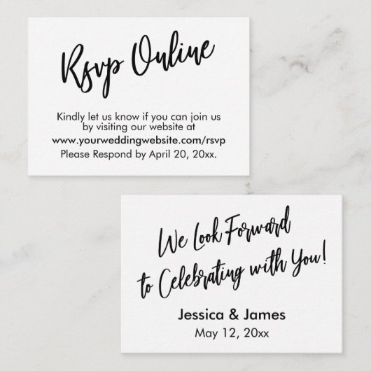 RSVP Online Casual Modern Black White Typografie Informatiekaartje (Voorkant / Achterkant)