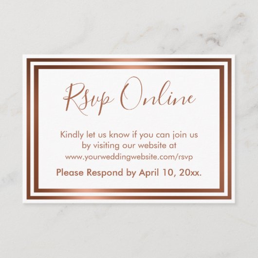 RSVP Online Eenvoudig Elegant Koper op Wit Informatiekaartje (Voorkant)