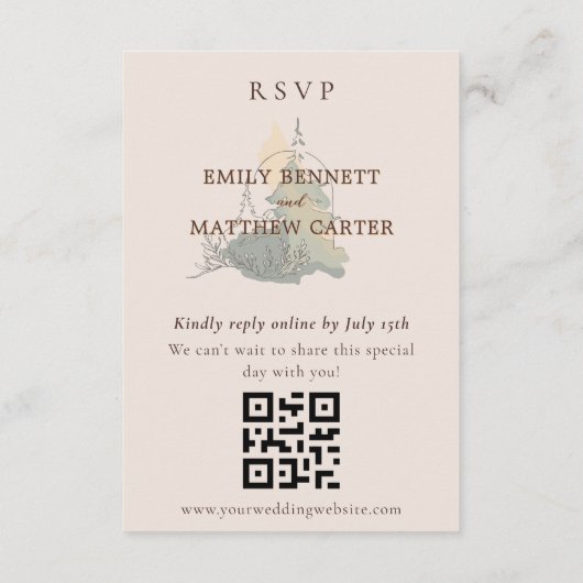 RSVP online QR Code Eenvoudig Elegant Rustiek Bos Informatiekaartje (Achterkant)