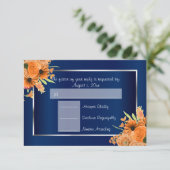 *RSVP -  Oranje bloemen op Navy Blue RSVP Kaartje (Staand voorkant)