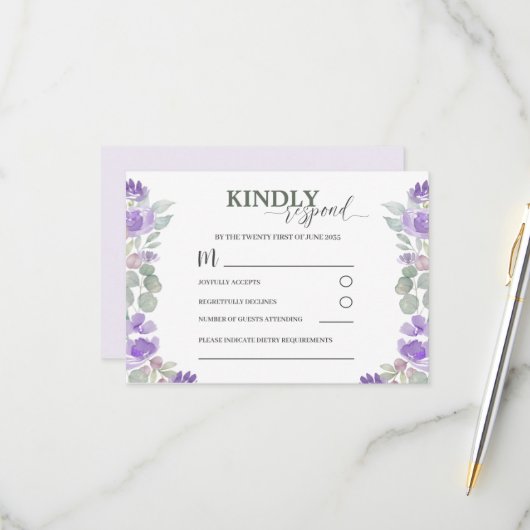 RSVP Paarse Floral Waterverf bruiloft (Voorkant / Achterkant in situ)
