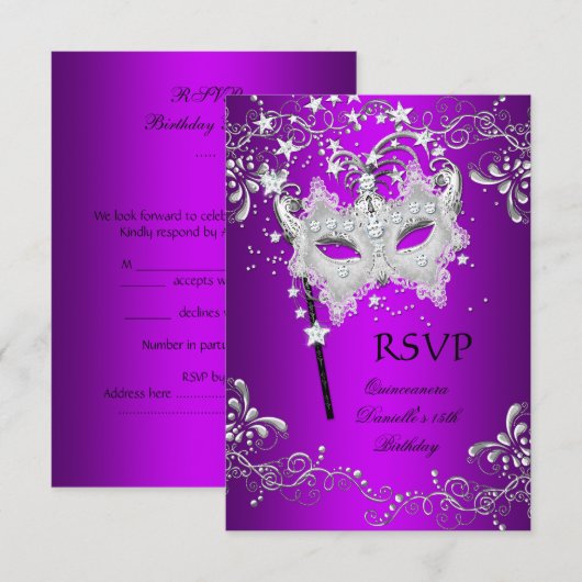 RSVP Paarse Quinceanera 15e verjaardag Masquerade (Voorkant / Achterkant)