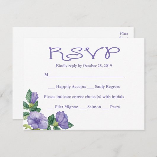 RSVP Paarse Waterverf Bloemenbruiloft Uitnodiging Briefkaart (Voorkant / Achterkant)