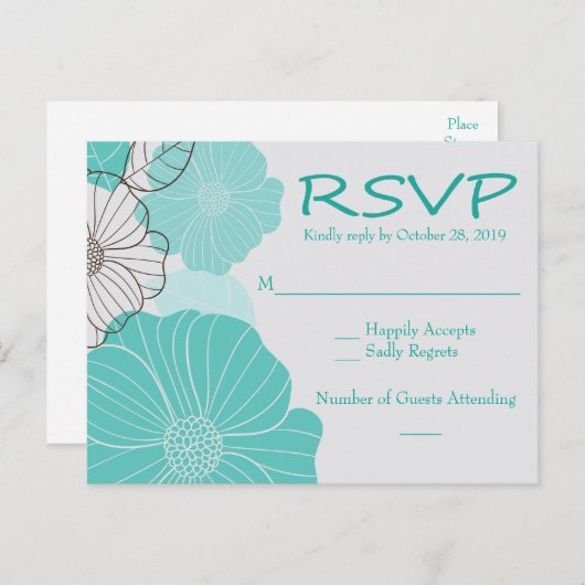 RSVP Party Bloemen Turquoise, Blauwgroen Trouwbloe Uitnodiging Briefkaart (Voorkant / Achterkant)