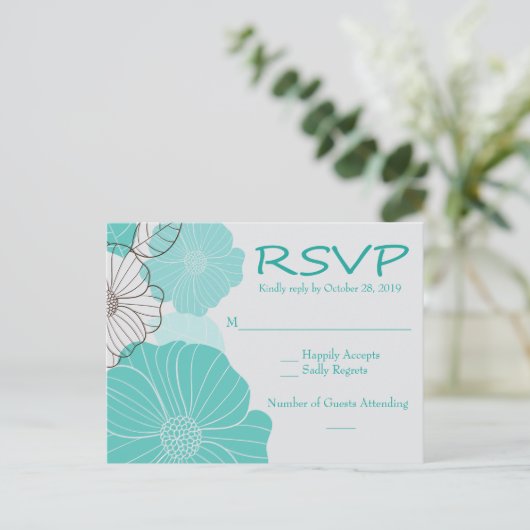 RSVP Party Bloemen Turquoise, Blauwgroen Trouwbloe Uitnodiging Briefkaart (Staand voorkant)
