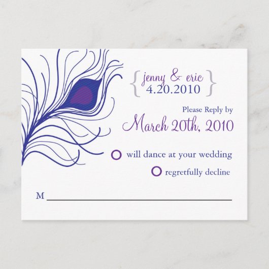 RSVP Peacock Feather Wedding Briefkaart Blauw paar (Voorkant)