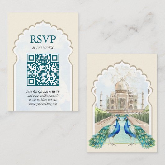 RSVP Peacock Taj Mahal Indiase bruiloft QR-code Informatiekaartje (Voorkant / Achterkant)