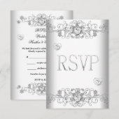 RSVP Pure White Wedding White Diamond Hearts Kaart (Voorkant / Achterkant)
