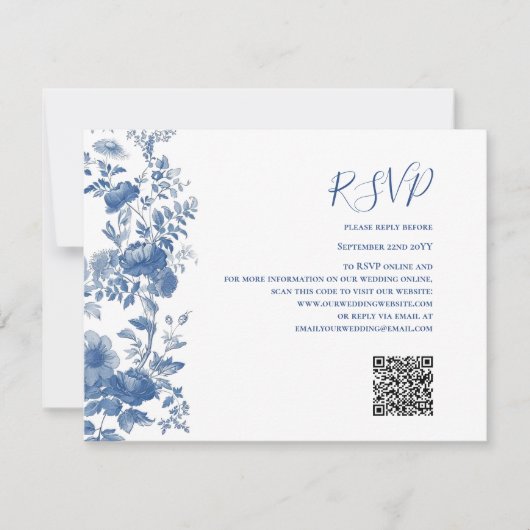 RSVP QR Code Frans Bloementoilet Blauw Bruiloft Kaartje (Voorkant)