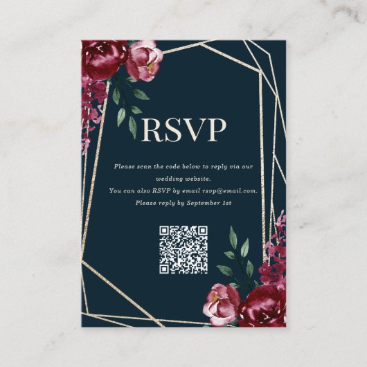 RSVP QR-code | Navy Blue | Bourgogne Floral Informatiekaartje (Voorkant)