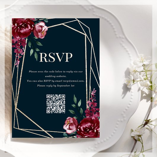 RSVP QR-code | Navy Blue | Bourgogne Floral Informatiekaartje