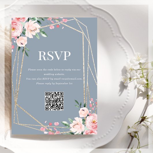 RSVP QR-code | Stofblauw blozend bloemmotief Informatiekaartje
