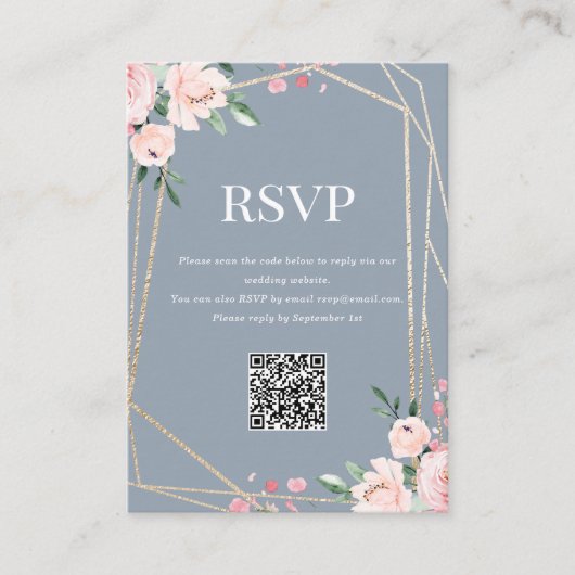 RSVP QR-code | Stofblauw blozend bloemmotief Informatiekaartje (Voorkant)