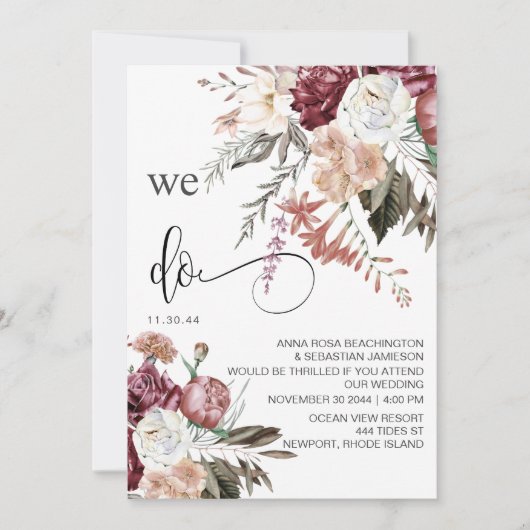 *~* RSVP QR Floral MERLOT Roos AR15 WEDDING Kaart (Voorkant)