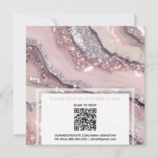 *~* RSVP QR Zilver BLUSH ROZE AGAAT AR66 Bruiloft Kaart (Achterkant)