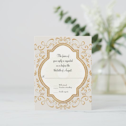 RSVP Quatrefoil Lijst Script Swirl Gold Glitter (Staand voorkant)