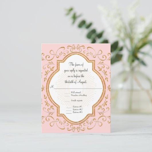 RSVP Quatrefoil Lijst Script Swirl Gold Glitter (Staand voorkant)