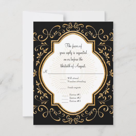 RSVP Quatrefoil Lijst Script Swirl Gold Glitter Kaartje (Voorkant)