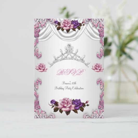 RSVP Quinceanera 15 15e witte roze rozen Tiara Kaart (Staand voorkant)