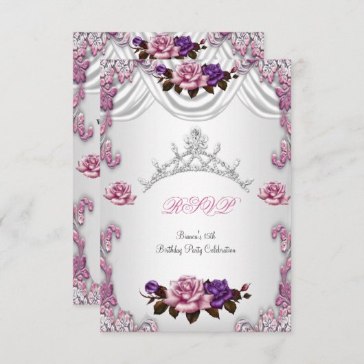 RSVP Quinceanera 15 15e witte roze rozen Tiara Kaart (Voorkant / Achterkant)