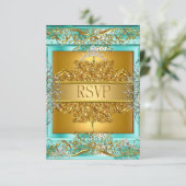 RSVP Quinceañera 15e Verjaardag Goud Blauwgroen (Staand voorkant)