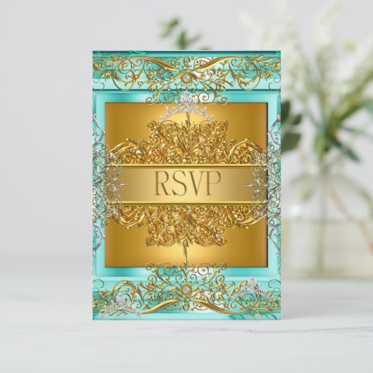 RSVP Quinceañera 15e Verjaardag Goud Blauwgroen (Staand voorkant)