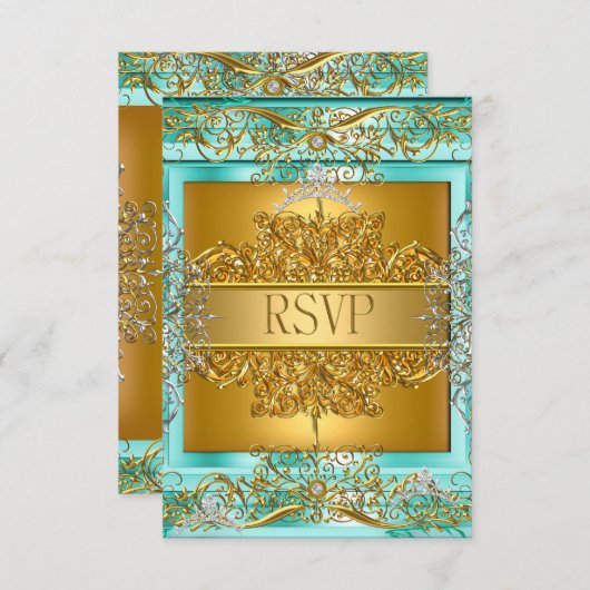 RSVP Quinceañera 15e Verjaardag Goud Blauwgroen (Voorkant / Achterkant)