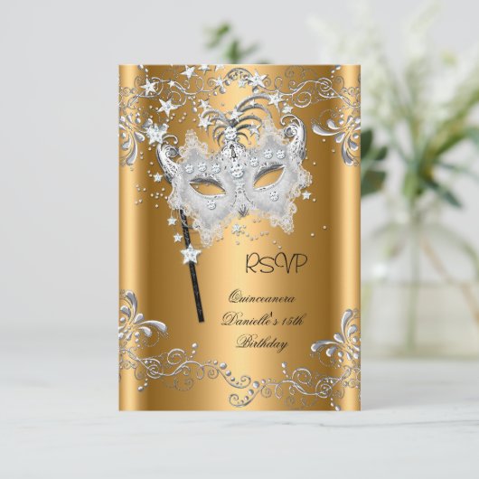 RSVP Quinceanera 15e verjaardag gouden maskerade (Staand voorkant)