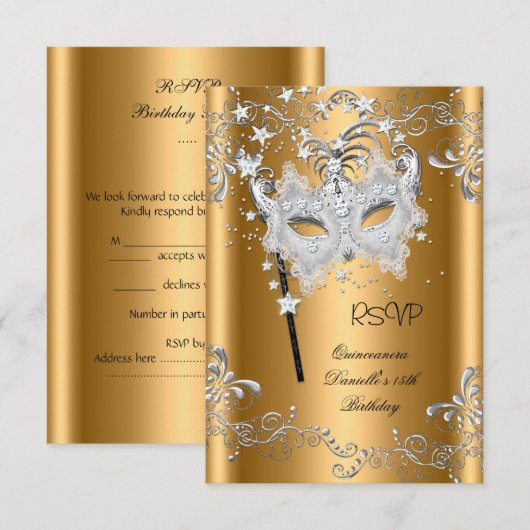 RSVP Quinceanera 15e verjaardag gouden maskerade (Voorkant / Achterkant)