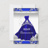 RSVP Quinceanera 15e verjaardag Royal Blue Dress Kaart (Voorkant)