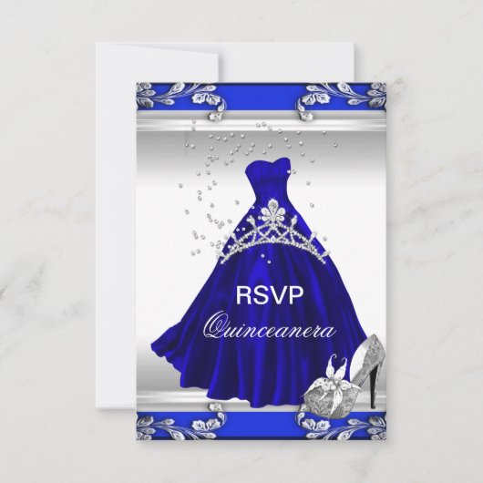 RSVP Quinceanera 15e verjaardag Royal Blue Dress Kaart (Voorkant)