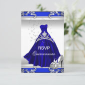 RSVP Quinceanera 15e verjaardag Royal Blue Dress Kaart (Staand voorkant)