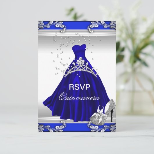 RSVP Quinceanera 15e verjaardag Royal Blue Dress Kaart (Staand voorkant)