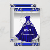 RSVP Quinceanera 15e verjaardag Royal Blue Dress Kaart (Voorkant / Achterkant)