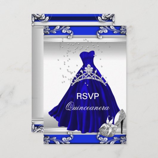 RSVP Quinceanera 15e verjaardag Royal Blue Dress Kaart (Voorkant / Achterkant)