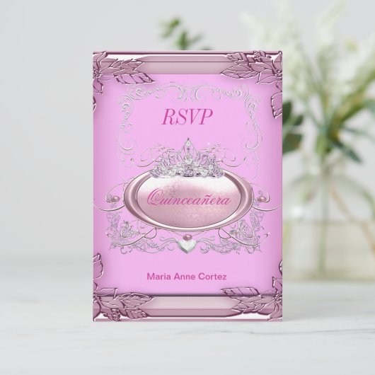 RSVP Quinceañera 15e Verjaardag Roze Wit Zilver (Staand voorkant)
