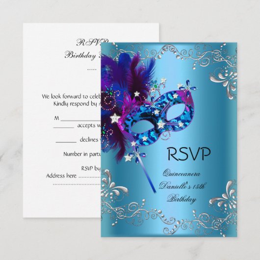 RSVP Quinceanera 15e Verjaardagsfeest Masquerade (Voorkant / Achterkant)