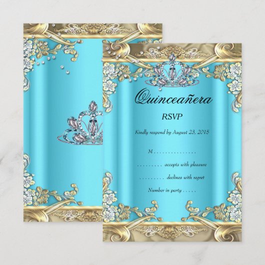 RSVP Quinceanera Blue Aqua Blauwgroen Gold 15e ver (Voorkant / Achterkant)